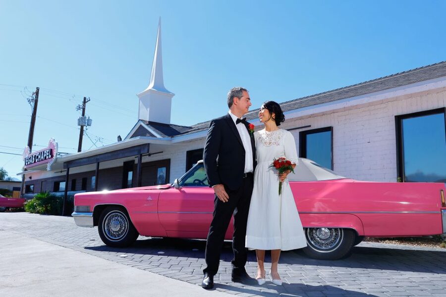 Las Vegas Wedding with Limousine Transportation - Hotel Pickup in a Clean White Limousine